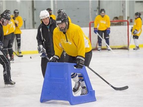 Postmedia writer Juris Graney uses the blue skating sled during the first week of the Discover Hockey program at Clareview Arena on Thursday, Jan. 11, 2018.