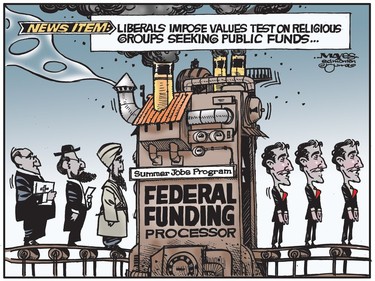 Justin Trudeau forces faith-based groups seeking federal funding to choose Liberal values. (Cartoon by Malcolm Mayes)