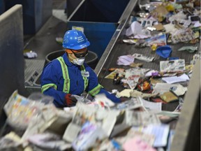 A contract worker sorts paper at the Edmonton recycling facility.