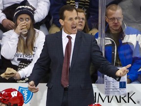 FILE - In this Jan. 5, 2018, file photo, Wisconsin coach Tony Granato stands behind his bench during the team's NCAA hockey game against Penn State in State College, Pa. Granato, coach of the U.S. men's team for the Olympics, said the U.S. "has lots of pieces that other teams and countries don't know about" and wonders if his team will be overlooked.