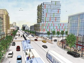 An artist's rendering of the pedestrian priority zones around the future LRT stations on 104th Avenue.