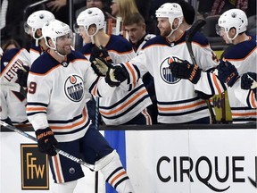 Edmonton Oilers winger Patrick Maroon celebrates with his teammates after scoring a goal against the Vegas Golden Knights on Jan. 13, 2018, during NHL action in Las Vegas.