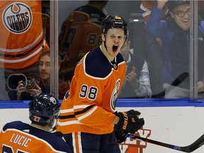 Edmonton Oiler Jesse Puljujarvi celebrates after scoring during second period NHL game action against the Vancouver Canucks in Edmonton on Saturday January 20, 2018.