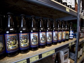 A shelf of beer products at Sherbrooke Liquor Store.