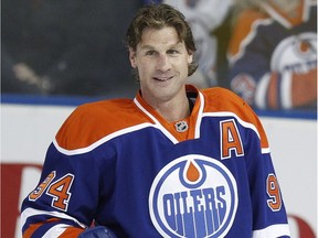 Edmonton Oilers forward Ryan Smyth participates in his last warmup as an Oiler before an NHL game between the Edmonton Oilers and the Vancouver Canucks at Rexall Place in Edmonton, Alta., on Saturday, April 12, 2013.