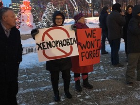 Edmontonians attend a rally at the Alberta legislature on Jan. 29, 2018, to commemorate the one-year anniversary of the fatal Quebec mosque shooting that left six people dead and another 19 injured.