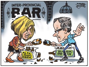 Rachel Notley and Brad Wall fight over beer. (Cartoon by Malcolm Mayes)