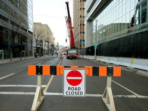 Road closure on 102 Avenue near 101 Street in downtown Edmonton on January 8, 2018.