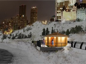 Artist's rendering of an outdoor sauna in the river valley.