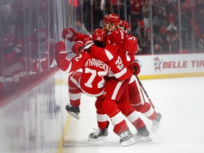 Detroit Red Wings forward Andreas Athanasiou (72) celebrates his overtime goal against the Ottawa Senators on Jan. 3.