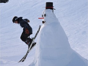 A snowboard jump/ramp was dressed up as a snowman decked out in a top hat at Snow Valley Ski Club in Edmonton, December 7, 2017.