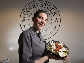 Chef Michelle Robinson holds a vegan taco salad she created for Good Stock, a new vegan and vegetarian restaurant in the Petrolia Mall, on Thursday, Jan. 11, 2018.