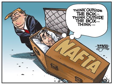 Donald Trump threatens to kill NAFTA, forcing Justin Trudeau to think outside the box. (Cartoon by Malcolm Mayes)