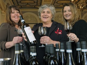 Edmonton Journal wine columnist Juanita Roos (left) samples some wine with her daughter Kelsey Roos (right) and Italian wine producer Marinella Camerani (middle) at the Great Italian Wine Encounter 2018 wine tasting trade show held at the Hotel Macdonald in Edmonton on January 24, 2018.
