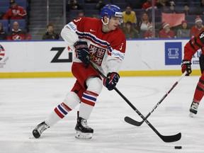 Czech Republic defenceman Libor Hajek controls the puck during the second period against Canada in a semifinal in the IIHF world junior hockey championship.