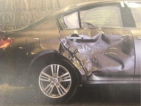 A photo of damage to David Bookhalter's car admitted as a court exhibit during his January 2018 trial for a fatal hit and run with a motorcycle.