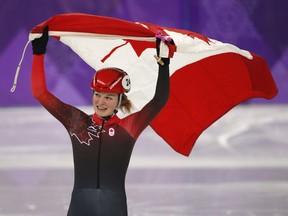 Canada's Kim Boutin celebrates her silver medal in Ladies' 1000 metre at the 2018 Olympic Winter Games in Pyeongchang, South Korea, on Wednesday, Feb. 21, 2018.