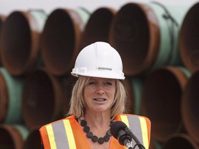 Alberta Premier Rachel Notley speaks to media during a tour of Enbridge's Line 3 pipeline replacement project in Hardisty, Alta., on Thursday Aug.10, 2017. File photo.