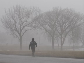 A pedestrian makes their way through the fog in Hawrelak Park, in Edmonton Wednesday March 29, 2017.