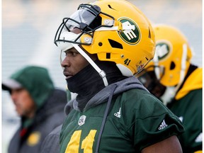 Odell Willis takes part in an Edmonton Eskimos' team practice at Commonwealth Stadium, in Edmonton Wednesday Nov. 8, 2017.