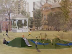 An artist concept of a new playground proposed for Dick Mather Park, 10425 99 Ave. in Edmonton. The Downtown Business Association has been working with Edmonton Public Schools and Manasc Isaac Architects on the design, which was unveiled on Friday, Feb. 9, 2018.