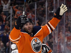 The Edmonton Oilers' Patrick Maroon (19) celebrates a goal against the Florida Panthers during first period NHL action at Rogers Place in Edmonton Monday Feb. 12, 2018.