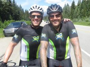 Sherwood Park's Chad Stewart, left, and his business partner Shane Kyle pose during CASA's 2017 ride back from Vancouver to Jasper.
