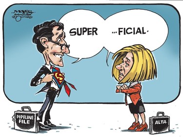 Rachel Notley points out Justin Trudeau's actions on the pipeline file are superficial. (Cartoon by Malcolm Mayes)