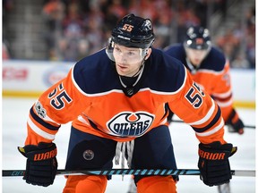 Mark Letestu of the Edmonton Oilers lines up for a face off during the game against the Philadelphia Flyers on December 6, 2017 at Rogers Place.