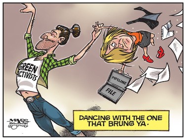 Rachel Notley dances with the pipeline opponents that "brought" her. (Cartoon by Malcolm Mayes)