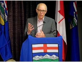 Stephen Mandel makes a speech after being declared the new leader of the Alberta Party in Edmonton on Tuesday Feb. 27, 2018.