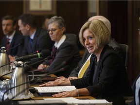 Alberta Premier Rachel Notley makes remarks before the first meeting of the market access task force convened to respond to B.C. in the fight over the Trans Mountain pipeline, in Edmonton on Wednesday, Feb. 14, 2018.