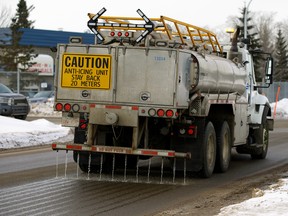 A City of Edmonton truck applies a calcium chloride anti-icing solution to the road in February 2018.