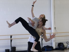 Citie Ballet's Lydia Redpath and Mitchell Przybilla practice Brett Taylor's Gate 3, an energetic narrative of human interactions, on Tuesday, Feb. 20, 2018, in Edmonton.