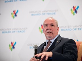 British Columbia Premier John Horgan participates in a question and answer session after giving a post-budget address to the Greater Vancouver Board of Trade in Vancouver, B.C., on Friday February 23, 2018.