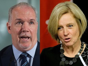 The war of words and actions continued Wednesday, Feb. 7, 2018 between B.C. Premier John Horgan, left, and Alberta Premier Rachel Notley.