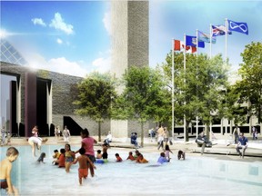 An early rendering of planned changes to the City Hall pool. The water level will drop to six inches, just above the ankle. As well, the planters and trees will be replaced by benches.