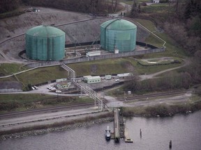 Kinder Morgan Trans Mountain Expansion Project's Westeridge loading dock, at centre with green tanks, is seen in Burnaby, B.C., on November 25, 2016.