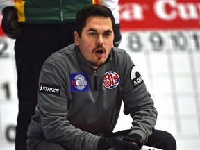 Skip Aaron Sluchinski calling to the sweepers while playing against Team Sturmay during draw 2 of the 2018 Boston Pizza Cup Alberta Men's Curling Championship at Grant Fuhr Arena in Spruce Grove, January 31, 2018.