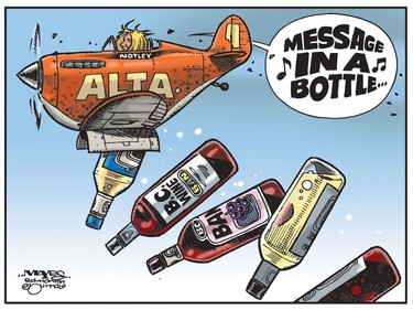 Alberta Premier Rachel Notley sends a message in a bottle to B.C. (Cartoon by Malcolm Mayes)