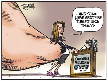 Caroline Mulroney has greatness thrust upon her by former PM. (Cartoon by Malcolm Mayes)