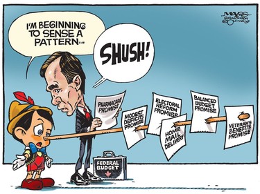 UPLOADED BY: Malcolm  Mayes ::: EMAIL: mmayes@artizans.com ::: PHONE: 780-288-3542 ::: CREDIT: Malcolm Mayes ::: CAPTION: For Edmonton Journal use only.  Even Pinocchio is skeptical of the latest Liberal budget promises. (Cartoon by Malcolm Mayes)