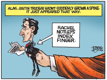 Rachel Notley's index finger provides Justin Trudeau with the necessary backbone to support Kinder Morgan. (Cartoon by Malcolm Mayes)