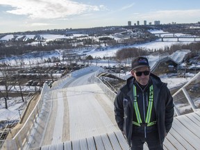Patrice Drouin stands at the start platform for the Crashed Ice course that snakes its way from Jasper Avenue down to the bottom of the river valley on February 28.
