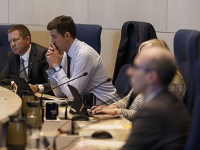 Edmonton city council members and Mayor Don Iveson, second from left, listen to testimony from the combative sports community on the ongoing combative sports moratorium during a community and public services committee meeting at City Hall on Jan. 17, 2018.