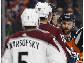 Edmonton Oilers forward Zack Kassian (44) exchanges words with Colorado Avalanche Duncan Siemens at Rogers Place in Edmonton on Thursday, Feb. 22, 2018. (Ian Kucerak)