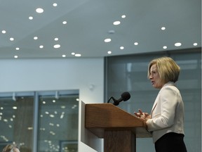 Premier Rachel Notley, along with members of government and industry, answers questions about the Alberta government's up to $1 billion investment in the partial upgrading of oilsands bitumen during a news conference at the Federal Building in Edmonton, Alberta on Monday, Feb. 26, 2018.