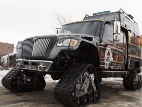 Mechanic Brian Huff drives Xpedition 90X's Rockhopper vehicle, a modified International MXT powered by G-Force Hybrid diesel-electric drive, during a media launch at Airworks Compressors Corp. in Edmonton, Alberta on Tuesday, Feb. 27, 2018.