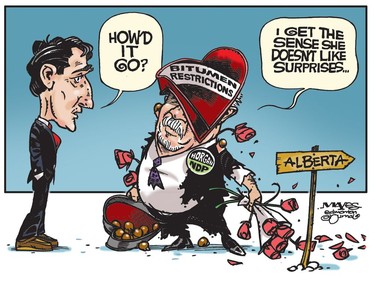 Justin Trudeau and John Horgan find that Alberta's Rachel Notley doesn't like surprises. (Cartoon by Malcolm Mayes)