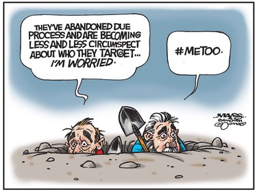Men cower as #MeToo abandons circumspection and due process. (Cartoon by Malcolm Mayes)